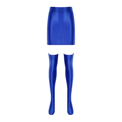 Womens Glossy Nightclub Outfit Shiny High Waist Mini Skirt with Stockings Set Rave Party Cheer Booty Workout Pole Dance Clubwear