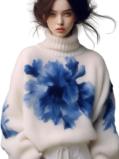 Oule Winter Blue Floral Print High Collar Women's Knitted Sweater Comfortable Loose Sle Long Sve Casual Commute Faion
