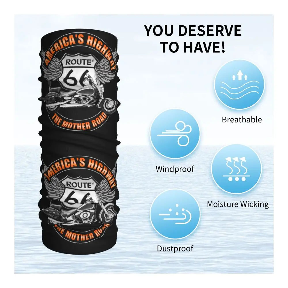 Custom Travel Motorcycle Ride Route 66 Bandana Winter Neck Warmer Windproof Wrap Face Scarf for Hiking Highways Gaiter Headband