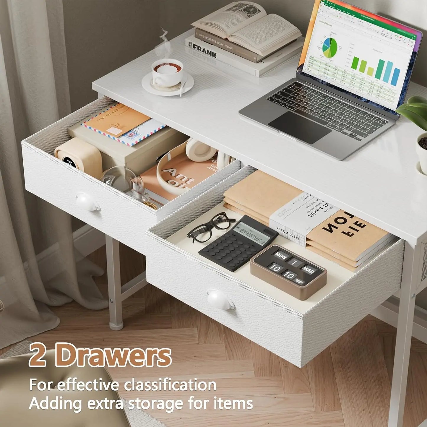 White Small Computer Desk with 2 Fabric Drawers, 34 Inch Home Office Writing Vanity Study Table for Adults Students