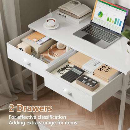 White Small Computer Desk with 2 Fabric Drawers, 34 Inch Home Office Writing Vanity Study Table for Adults Students