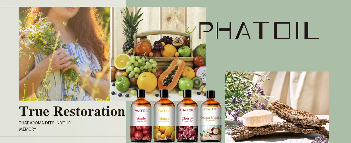 PHATOIL 100ml Aromatherapy Fragrance Oil with Glass Dropper Lime Coconut Strawberry Cherry Watermelon Lemon Mango Aroma Oils