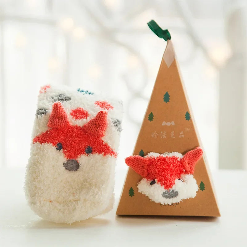 1 Pairs Box Christmas Socks Women Cute Thermal Fluffy Fuzzy Soft Velvet Thermo Sleep Sock Thick Warm Winter Socks New year Gift