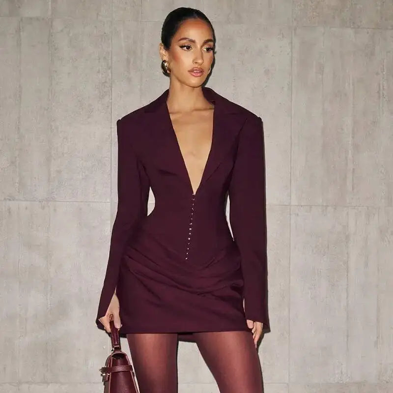 Avrilyaan Casual Pleated Sexy Dress Women 2025 Elegant Party Dress Blazer Long Sleeves Bodycon Mini Autumn Winter Dress Vestidos