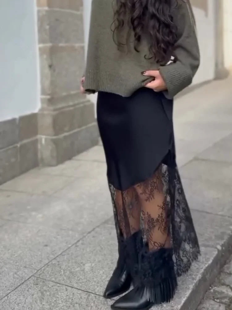 Lady Elegant Patchwork Lace Skirts Fashion High Waist Slim Hollow Out Maxi Skirts 2026 Autumn Women Brown Party Club Skirt