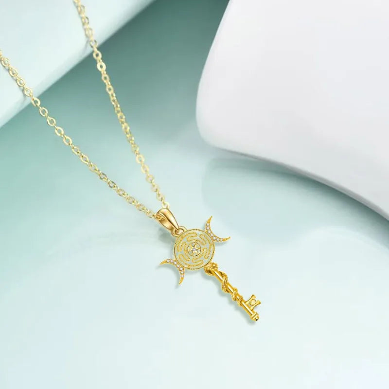 Hekate Wheel Necklace for Women Men 18K Gold Plated Snake Key Triple Moon Goddes Pendant Necklaces Pagan Jewelry