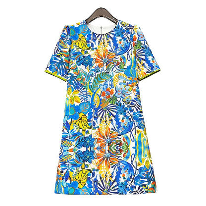 2026 Printed Beaded Dress Women Short Sleeve O Neck a Line Dress Elegant Fashion Summer Ladies Casual Party Midi Dress