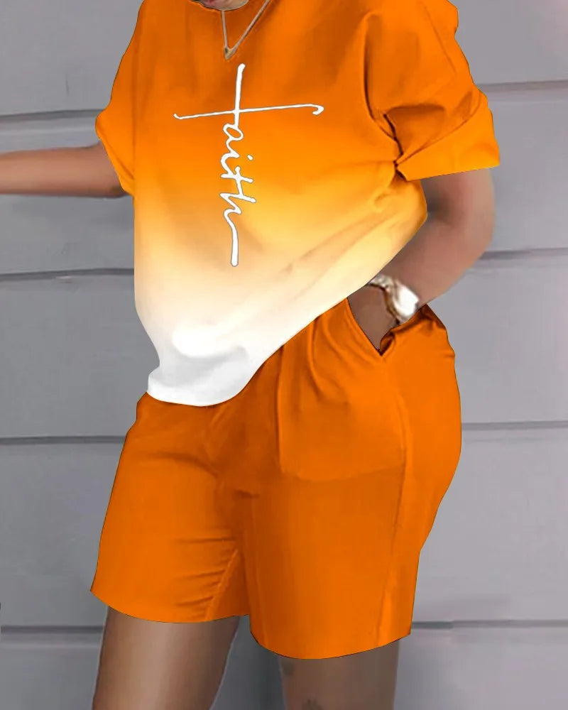 Ladies Casual Summer Two Piece Sets Printed Shorts Sets Women Round Neck Short Sleeve T Shirts Pullover High Waist Trousers Suit