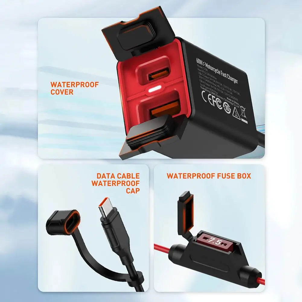 Premium Motorcycle Usb C Fast Charger Pd+qc3.0 60w Charger 12v/24v Phone Vehicle-mounted C Adapter Type Cell Waterproof Soc A0a9