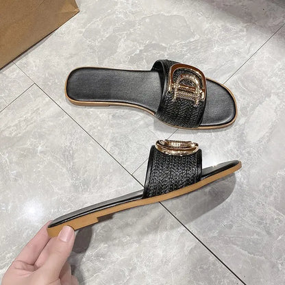 Women Luxury Decor Weave Design Flat Sandals Fashion Open-toe Vacation Casual Slides Party Sexy Elegant Office-Ladies New Shoes