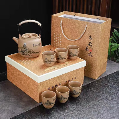 Retro Japanese coarse pottery beam pot business gift ceramic kung fu tea set large teacup
