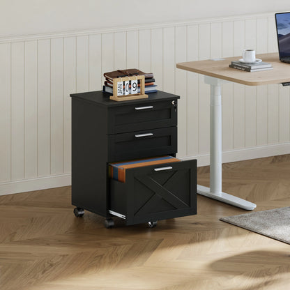 3 Drawer Rolling File Cabinet with Lock & Casters, Wooden Mobile Storage Organizer Printer Stand, Fits A4/Letter for Home Office