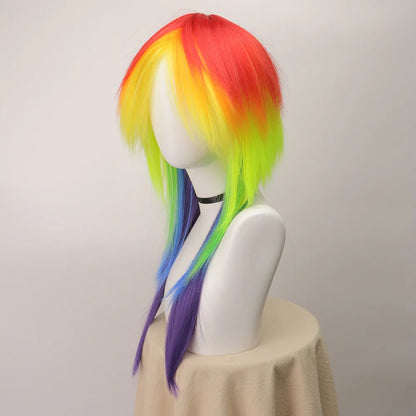 Rainbow Ombre Long Straight Layered Synthetic Wig With Bangs Unisex Pride Halloween Party Cosplay Costume Hairpiece