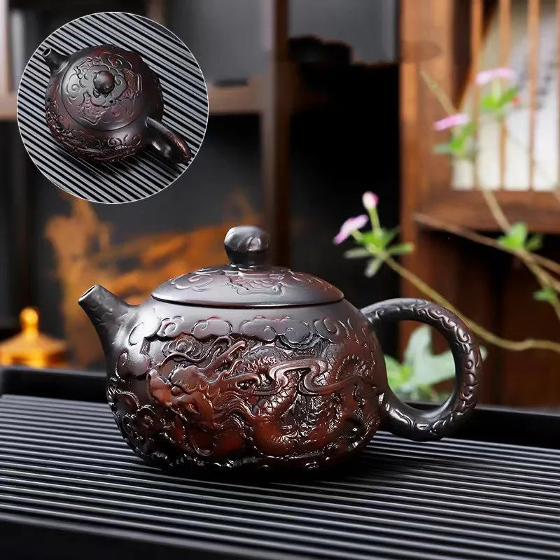 Purple Pottery Relief Teapot Hand-carved Dragon Pattern Beauty Kettle Traditional Ball Hole Filter Pot Chinese Zisha Tea Set