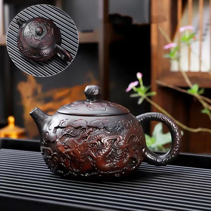 Purple Pottery Relief Teapot Hand-carved Dragon Pattern Beauty Kettle Traditional Ball Hole Filter Pot Chinese Zisha Tea Set