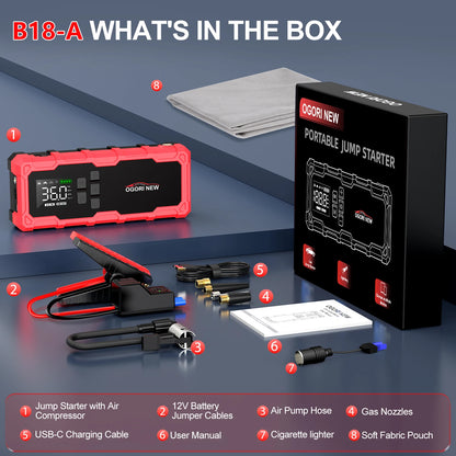 Jump Starter with Air Compressor 150PSI, 7000/8000A Portable Car Battery Booster (All Gas/16L Diesel)