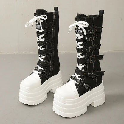 2026 Winter Punk Women Platform Knee High Boots Canvas Patchwork Lace-up Multi Metal Buckle Straps Chunky Heel Motorcycle Boots