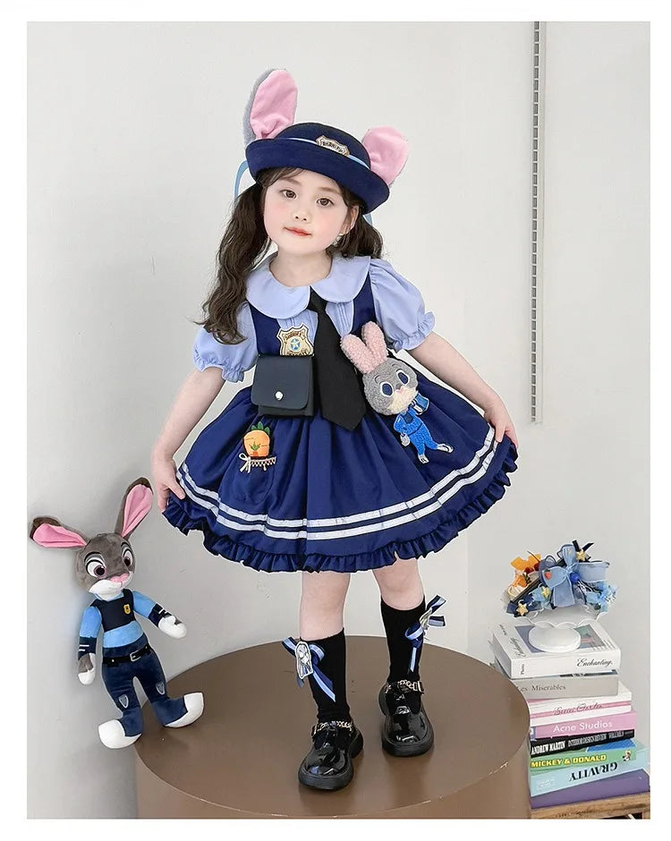Girl Cosplay Judy Hopps Police Officer Dress Ear Sheriff Hat Bunny Costume Kids Dress Up Halloween Rabbit Disguise Dress Outfits