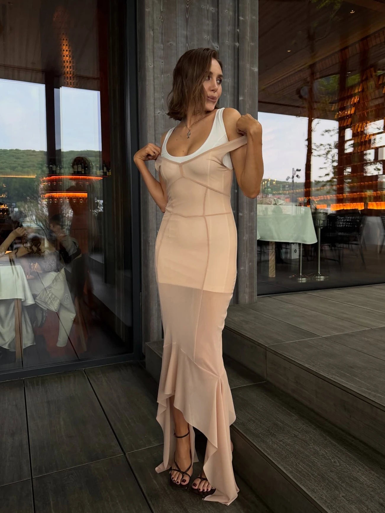 Sheer Mesh Overlay Lace Hem Slip Midi Dress Slim Spaghetti Strap 2026 Summer Elegant Women Bodycon Dress Trendy Date Lady Gown