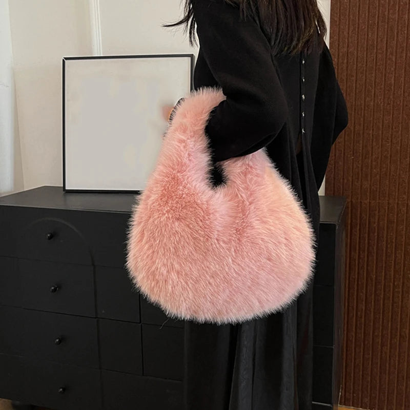 Winter Shoulder Bags Casual Furry for Women Solid Color Soft Plush Ladies Clutch Purse Handbags Lightweight Female Hobos Bag