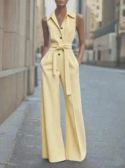 Sleeveless Lapel Jumpsuit Women's Fashion Button Down Shirt Collar Solid Color Wide Leg Commuting Office With Pocket Jumpsuit