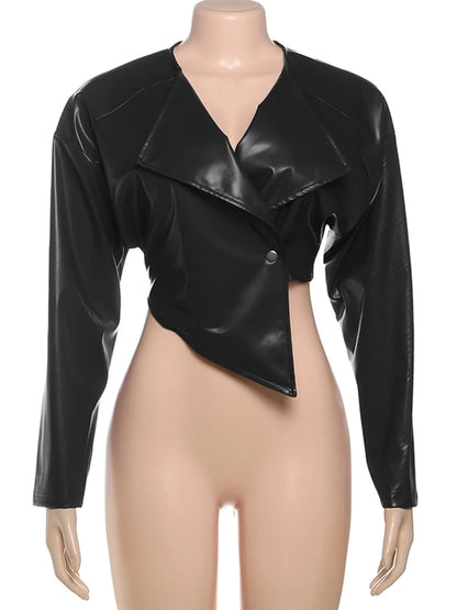Weird Puss Faux Leather Crop Jacket Women Cross Neck Hipster Single Button Irregular Fall Trend Wild Basic Sexy Streetwear Coat