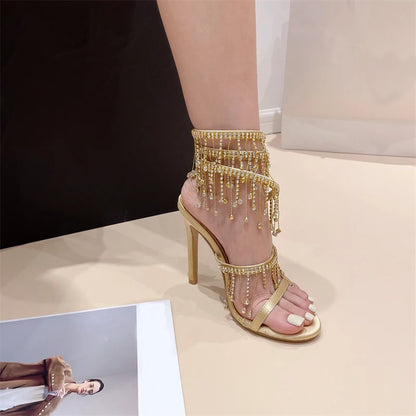 Liyke Elegant Women Wedding Banquet Shoes Fashion Crystal Tassel Twining Stiletto Sandals Sexy Open Toe Stripper Heels Golden
