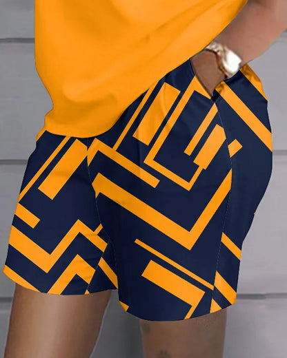 Ladies Casual Summer Two Piece Sets Printed Shorts Sets Women Round Neck Short Sleeve T Shirts Pullover High Waist Trousers Suit