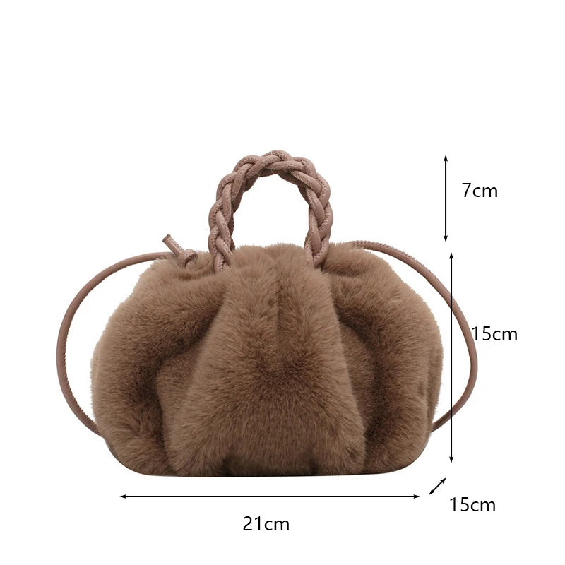 Autumn and Winter Plush Shoulder Crossbody Bag Women's Fashion Pleated Warm Faux Fur Hobos Bag Sweet Small Handbag