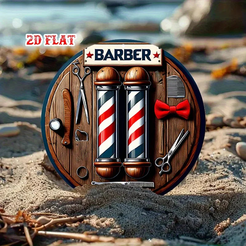 A 2D flat barber shop circular wooden sign - a return design style for homes, garages, restaurants, and cafes