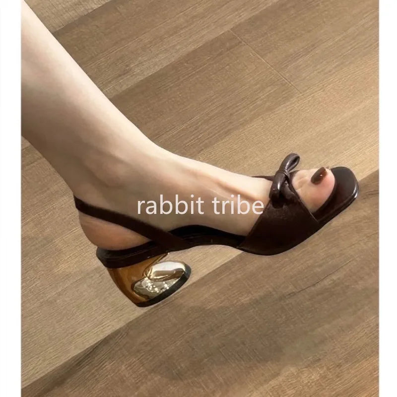 2026 New Fashion Designer's One Word Bow Women's Sandals Luxury Square Head Fish Mouth Women's Shoes