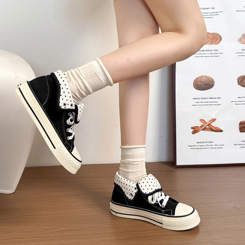 New High Help Canvas Shoes Dots Women's Casual Shoes Woman Vulcanize Sneakers Comfortable Sport Walking Platform Flats Shoes 015