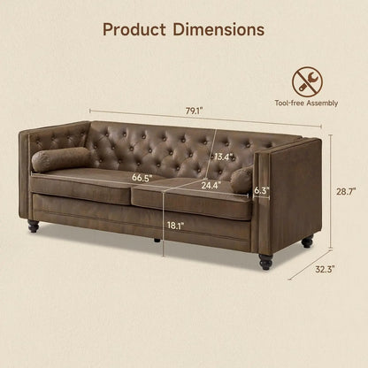 79'' Chesterfield Sofa for Living Room, Comfy Faux Leather Button-Tufted Couch with 2 Bolster Pillows and Wood, Customized