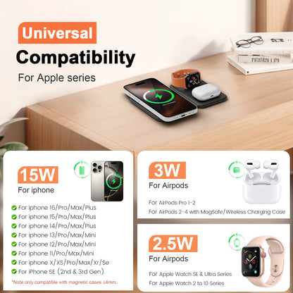 15W Wireless Chargers Magnetic 3 in 1 Foldable Stand Pad Dock Fast Charg Travel iPhone17 16 15 14 13 Pro Max Apple Watch Airpod