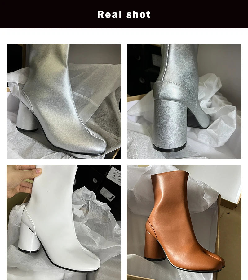 Luxury Brand Designer Tabi Split-toe Ankle Boots Women Genuine Leather Chunky Round Heel Short Boots 2024 Autumn Winter Shoes