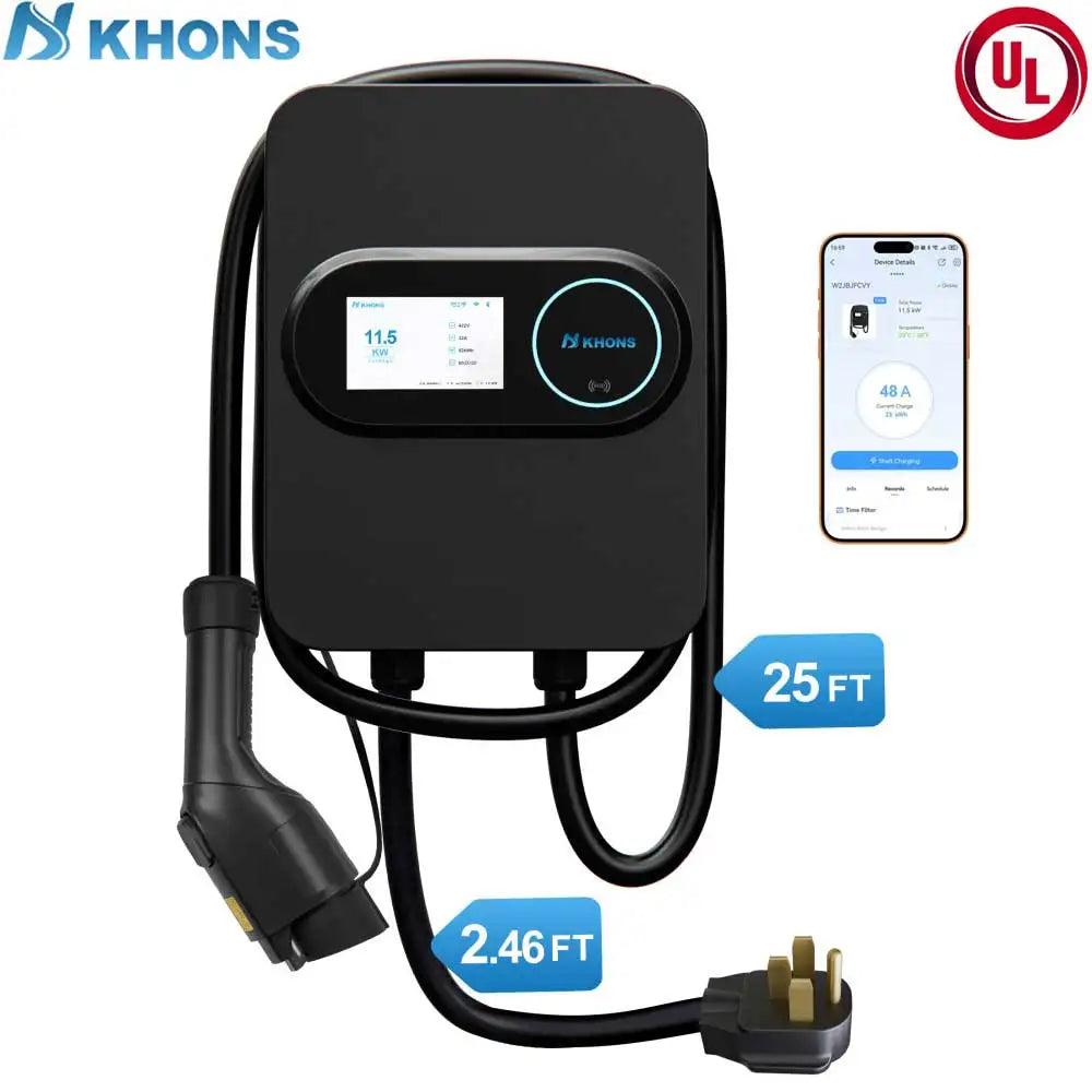 Khons Level 2 Electric Vehicle Charger Station NEMA 14-50 240V 48A Fast Smart Charging at Home For All J1772 EV
