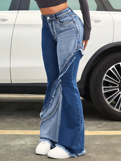 Women's Blue Stretch Flared Pants - Two-Tone Washed Flared Pants With Raw Edge Details Comfortable fit Mid-rise Versatile Y2K St