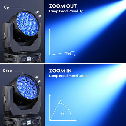 Somspot 19x15W LED Moving Head Lights RGBW Beam Stage Effect Lighting Projector Focusing Light Zoom Wash Lights for Disco Party