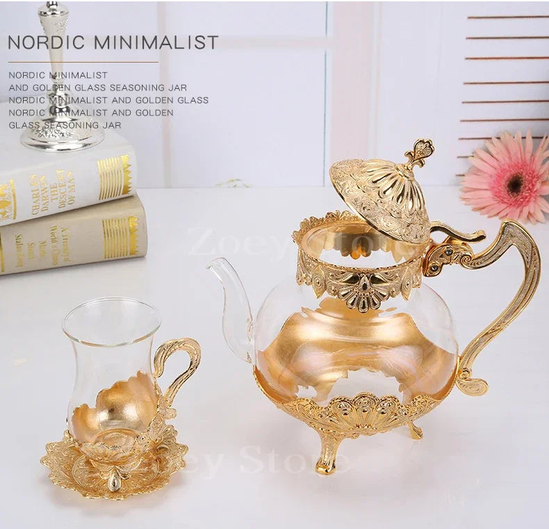 Palace Golden Glass Teapot Kitchen Metal Cold Kettle Coffee Pot European Style Home Decoration Glassware Birthday Wedding Gifts