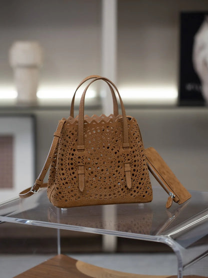 New Advanced Leather Tote Shopping Bag Wave Hollow out Basket Retro Suede Single Shoulder Slant Cross Mother Baby Bag