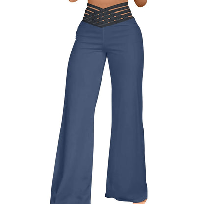 Women Wide Leg Flared Pants New Y2k Casual Crisscross Sheer Mesh Patch High Waist Trousers Elegant Streetwear Work Pants