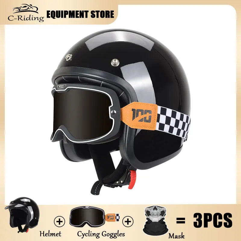 Hot Sale Open Face Helmet Retro 3/4 Jet Motorcycle Helmets Men ABS Shell Safty Cap German Style Four Seasons DOT Approved