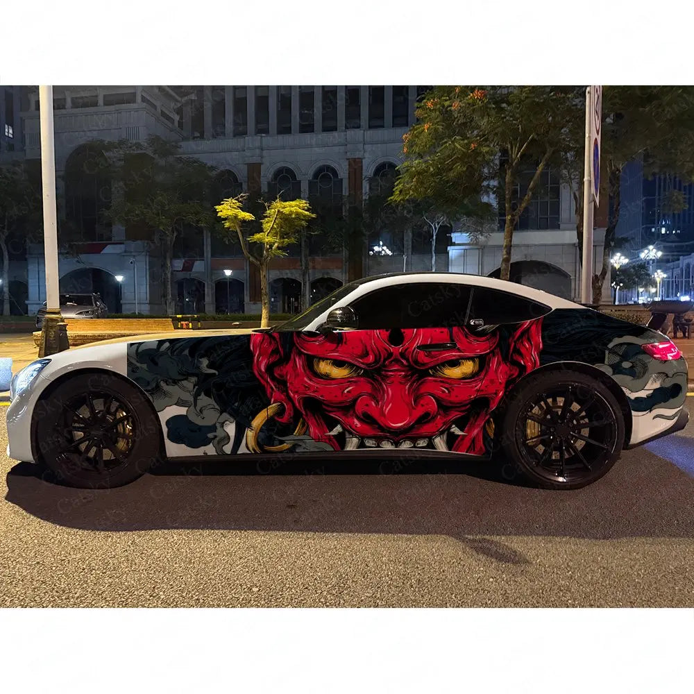 2pcs Golden-Eyed Red Oni Hannya Car Side Wraps, Self-Adhesive PVC Waterproof & Scratch-Resistant Stickers, Car Accessory Gift