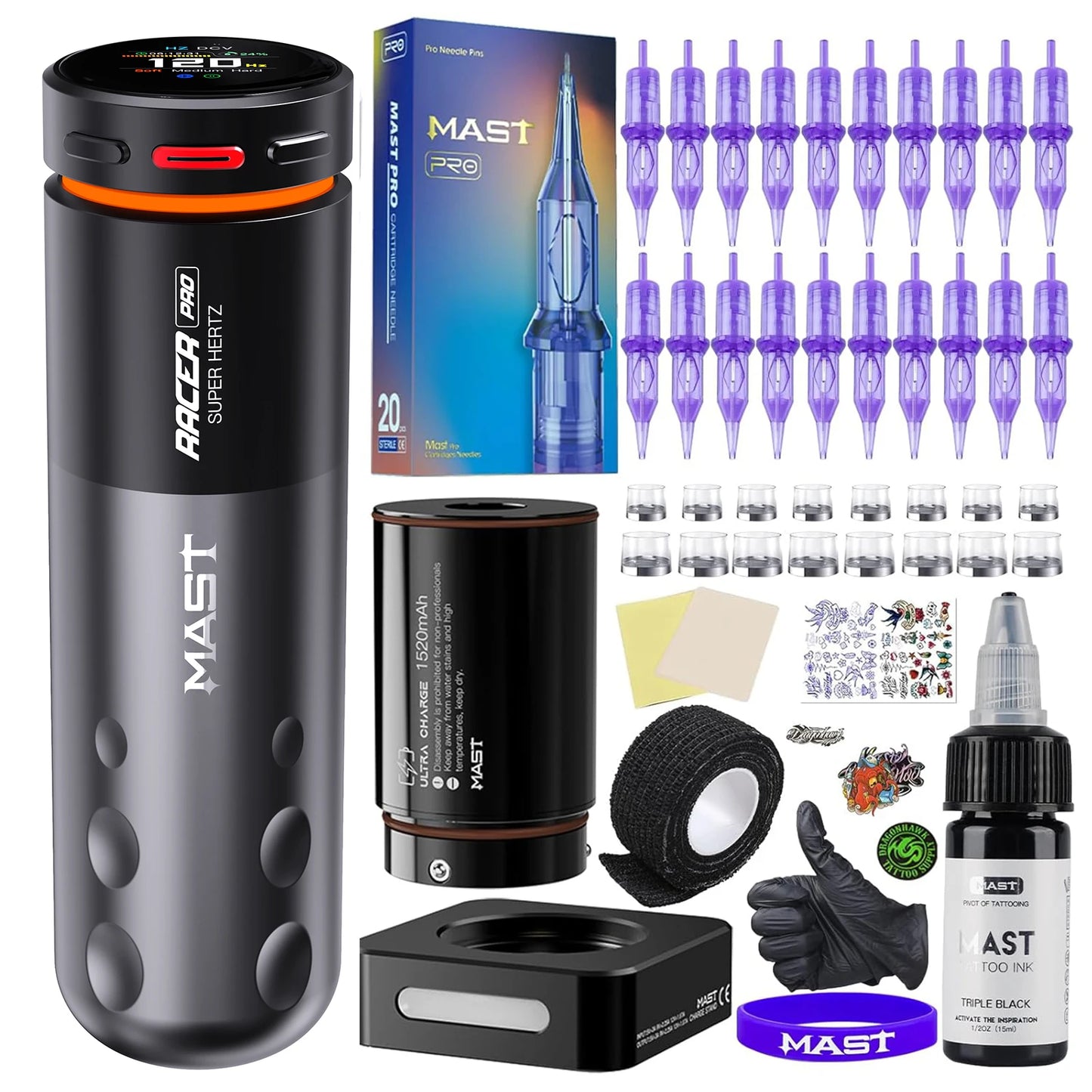 Mast Racer Pro Tattoo Machine Kit Full Set 4.2mm Stroke Wireless Battery Adjustable Power Modes(Soft/Medium/Hard) High Precision