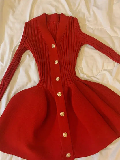 Elegant Vintage V-neck Red Dresses Y2k Slim Fit Knitted Dress for Women Spring Autumn New Long Sleeve Vestidos De Mujer