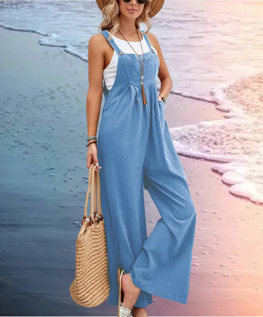 2025 Spring/Summer New Ethnic Style Solid Color Wide Leg Jumpsuit Women Loose Fit Fashion Elegant Casual Overalls Wide Leg