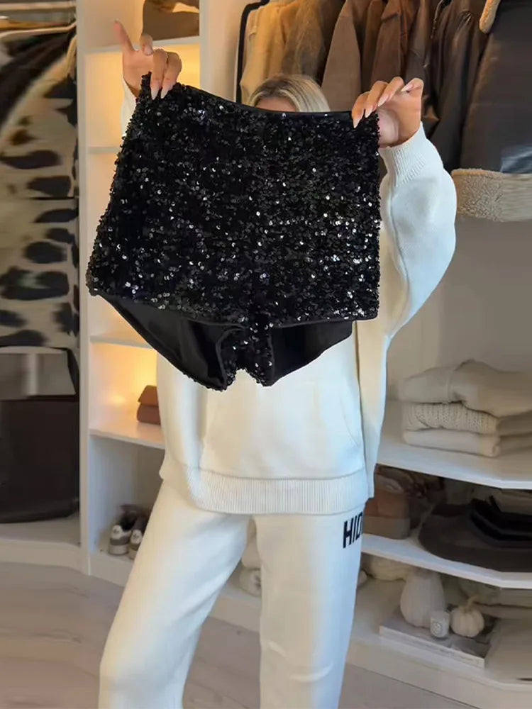 Chic Sequin Women's Shorts Sexy Black High Waist Mini Short Pants Female 2026 Spring New Fashion Woman Party Evening Outwears
