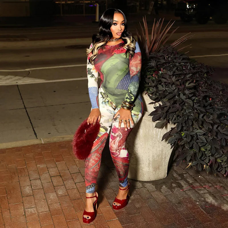 SsTss Elegant Printed Jumpsuit Women 2025 Autumn Fashion O Neck Long Sleeve Slim Stretchy Streetwear Casual One Piece Rompers