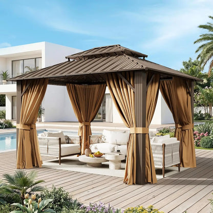 Premium Hard Roof Gazebo Heavy Duty Metal Frame Waterproof Sunshade Permanent Outdoor Pergola With Curtains And Netting