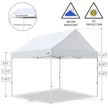 Party tent for outdoor events, snow white polyester fabric, instant pop-up setup with USA patent, includes heavy duty roller ba